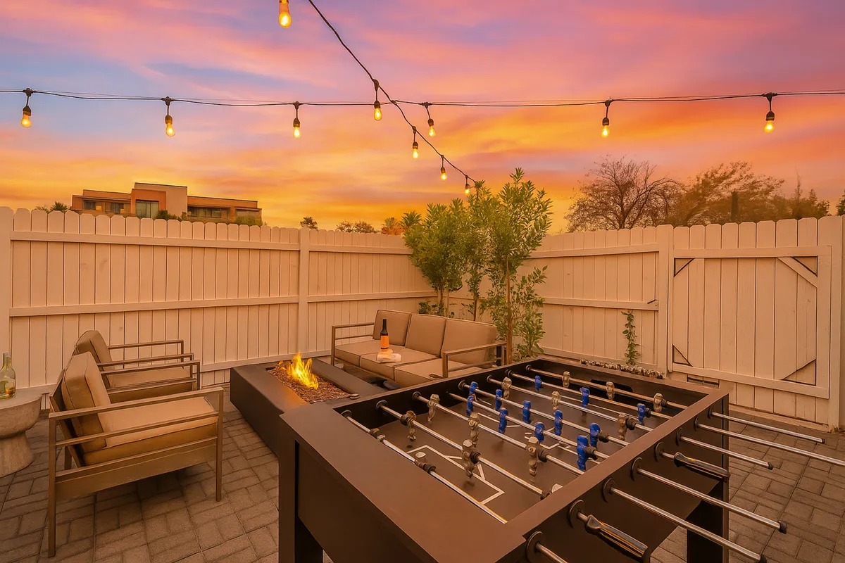 A lively outdoor area combining a foosball table, cozy seating by a fire pit, and string lights casting a warm glow—ideal for both play and evening relaxation.