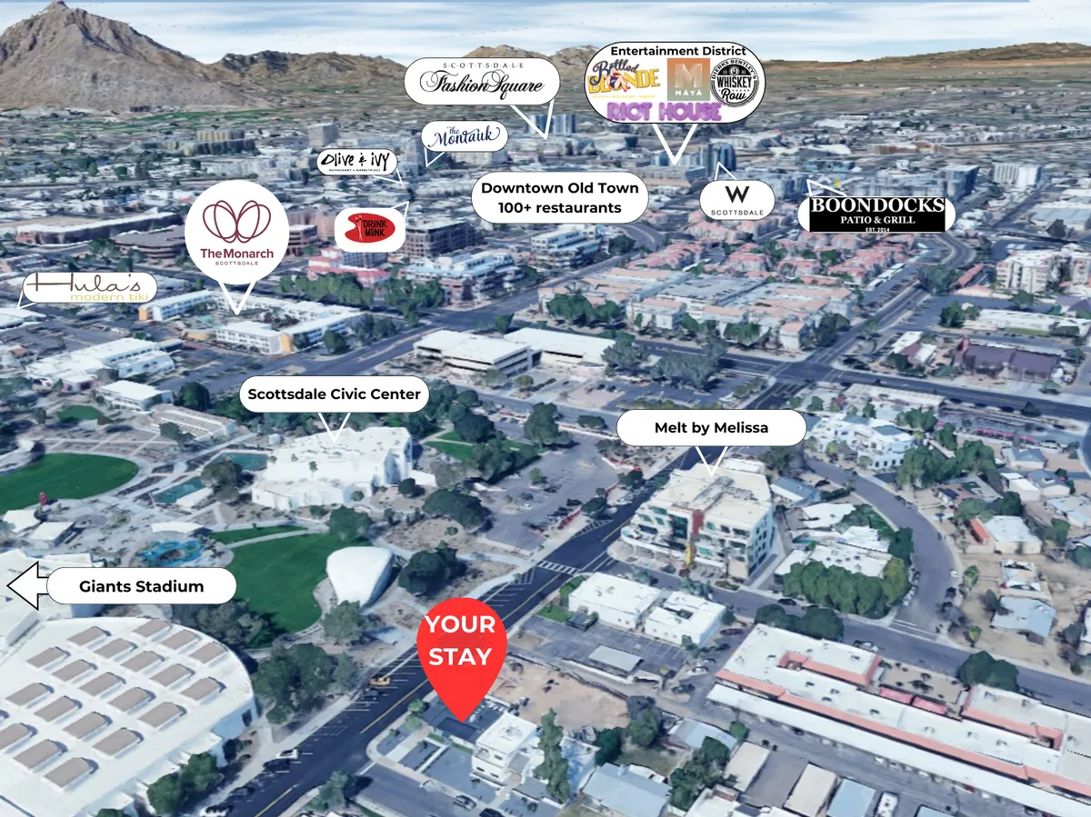 A panoramic daytime view of Scottsdale Civic Center and Downtown Old Town, including Giants Stadium. People are seen dining at restaurants, exploring shops, and enjoying the bustling streetscape.